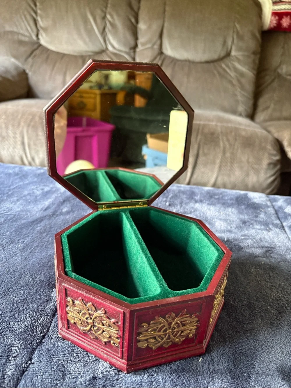 Decorative Hexagonal Jewelry Box with Gold Accents & Mirror